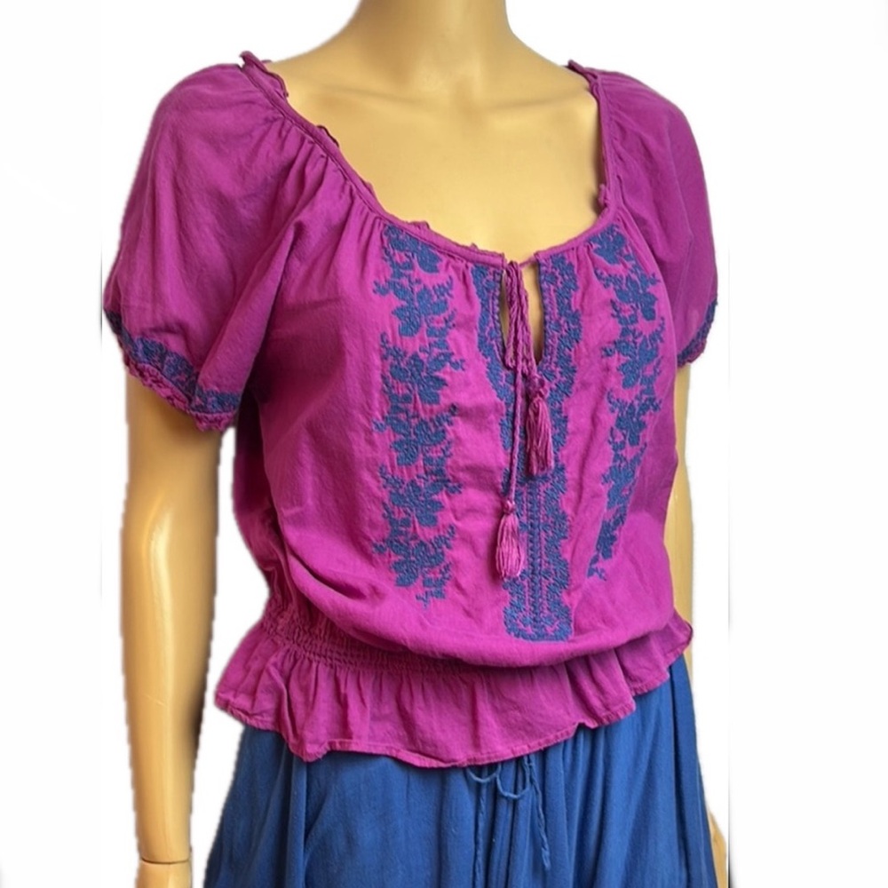 Forever 21 Magenta Embroidered Cotton Peasant Blouse